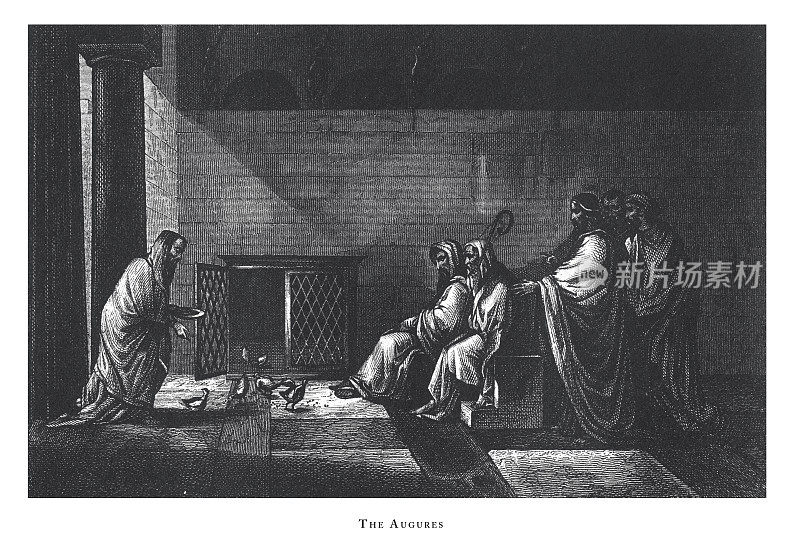 希腊的Augures, Sacred Rites, Religious and Mythological Symbols and Religious用具and RomeEngraving古董插图，出版于1851年